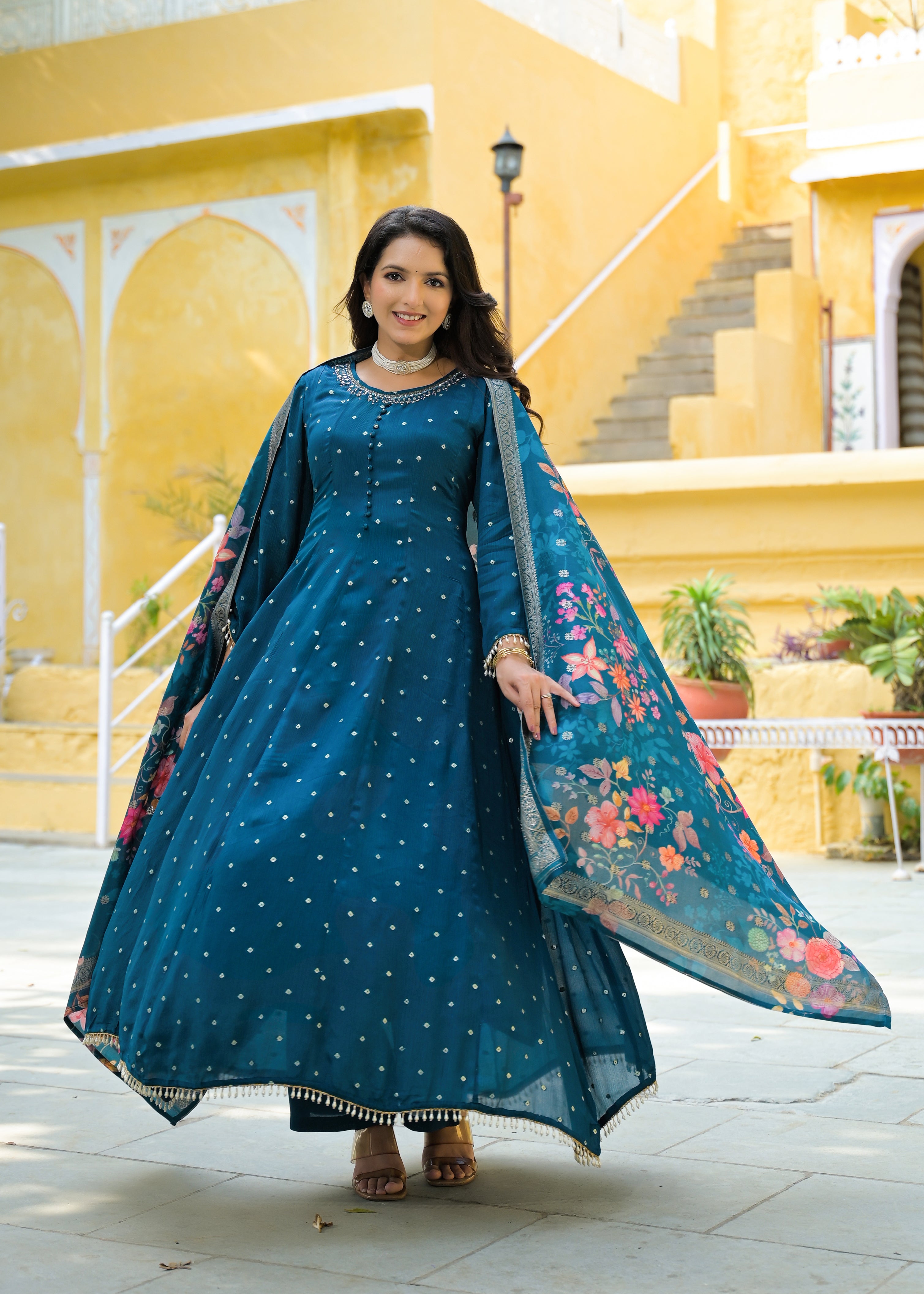 green emerald velvet dress Teal Blue Silk Anarkali Suit with Embroidered Dupatta main image 0