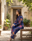 Navy Blue Floral Printed Cord Set