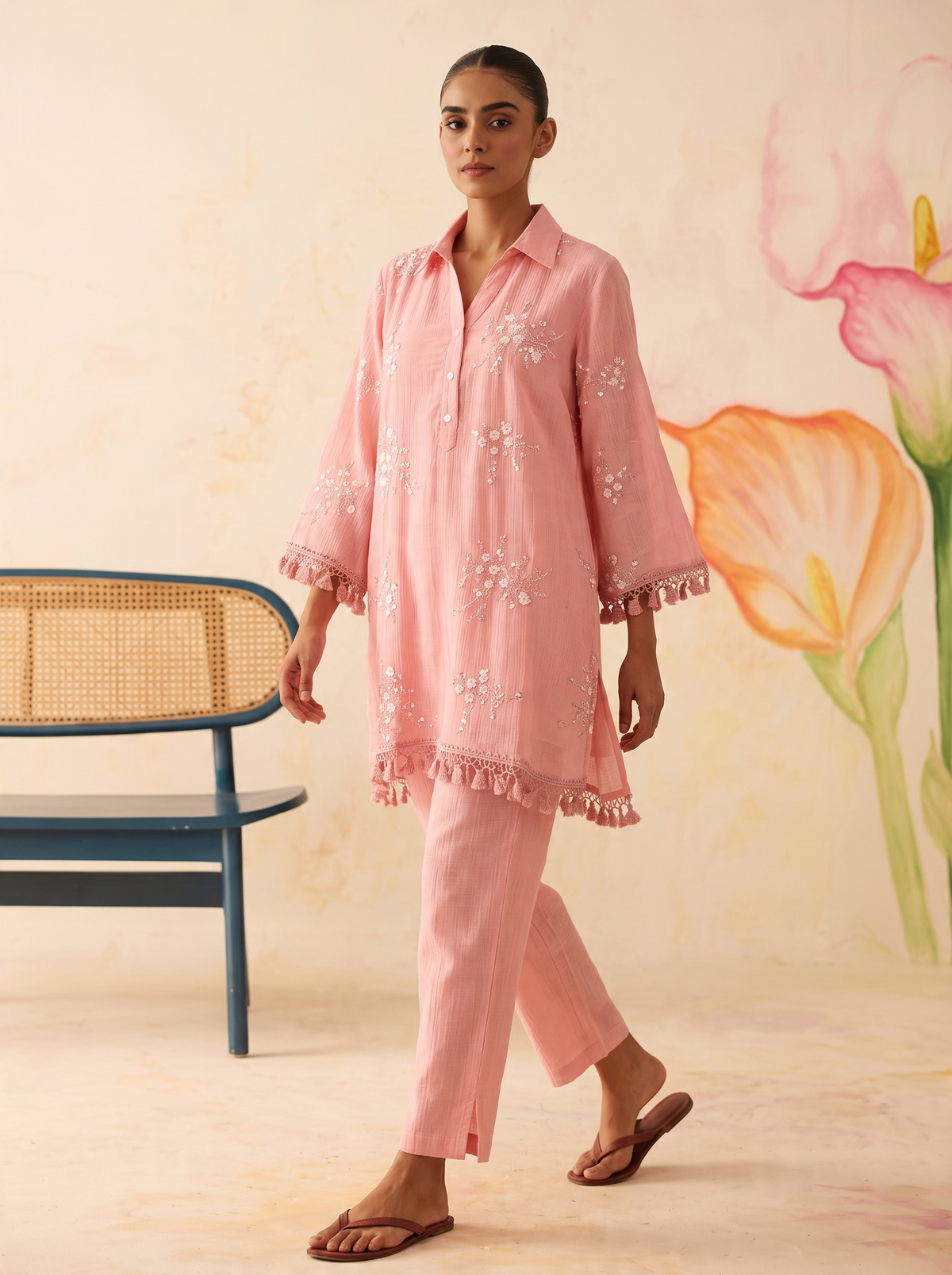 Blush Pink Floral Embroidered Co-Ord Set