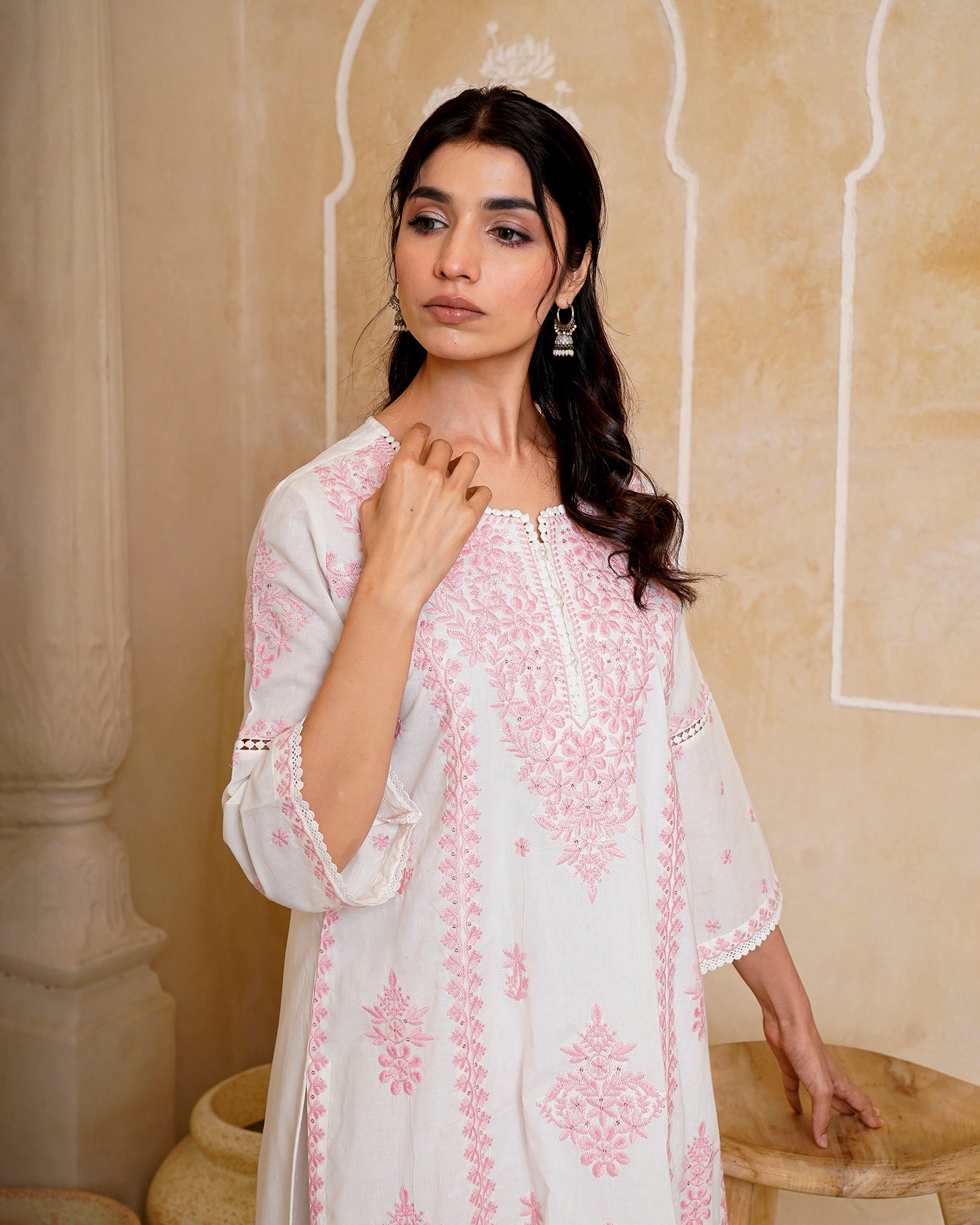 White &amp; Pink Chikankari Suit Set