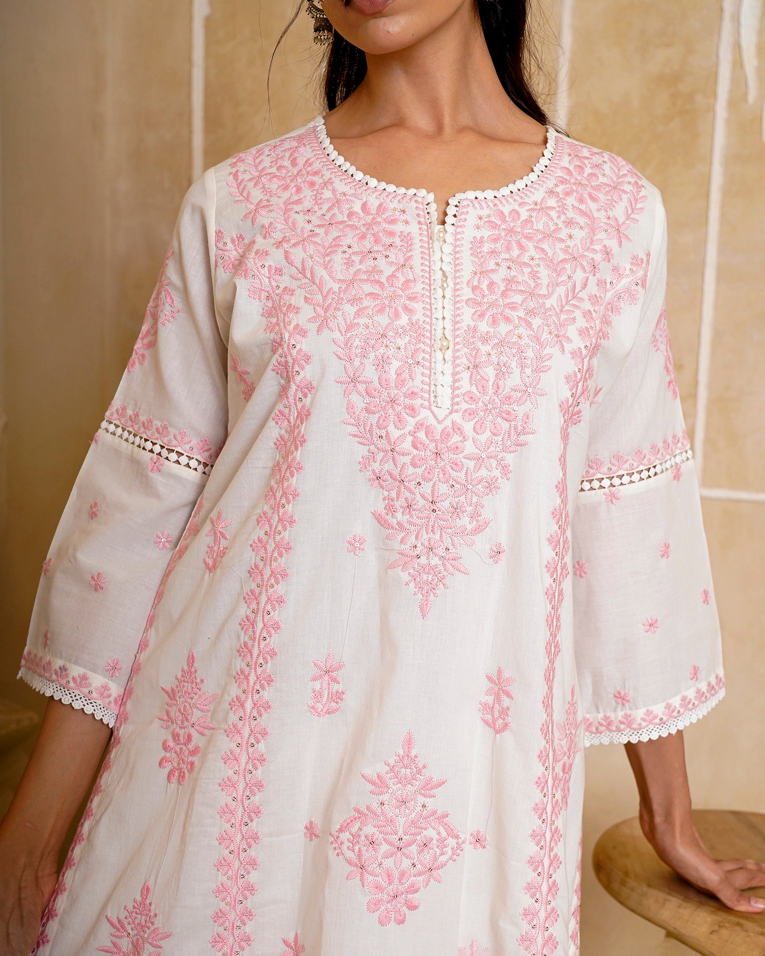 White &amp; Pink Chikankari Suit Set
