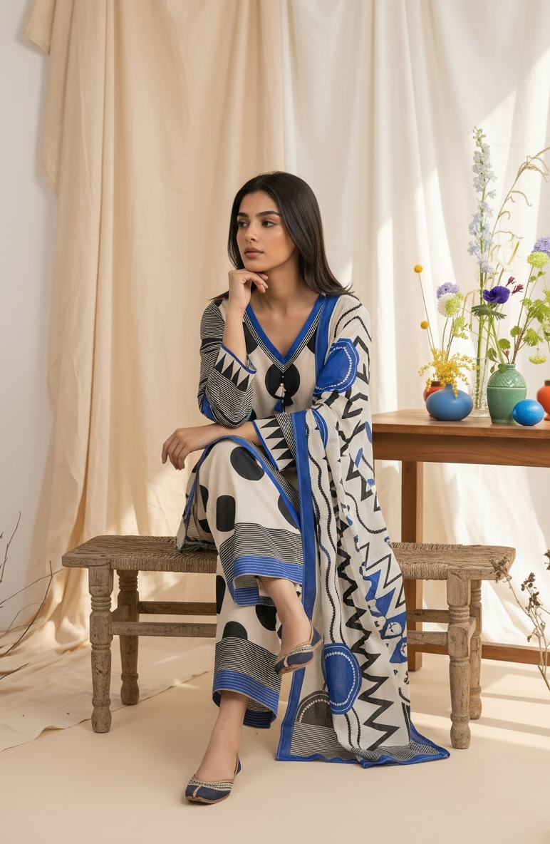 Blue Polka Farshi suit set