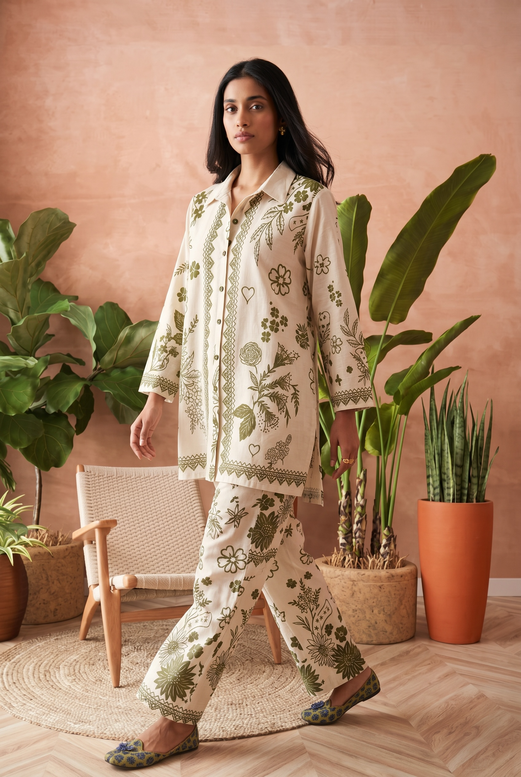 Ivory flower Olive coordset
