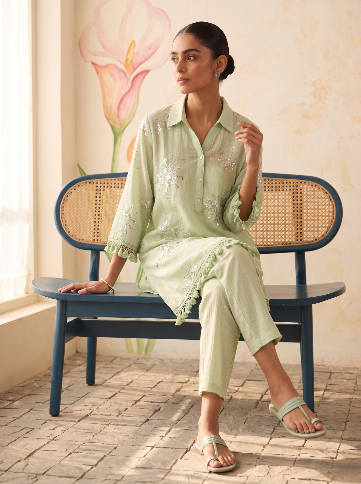 Mint Green Floral Embroidered Co-Ord Set