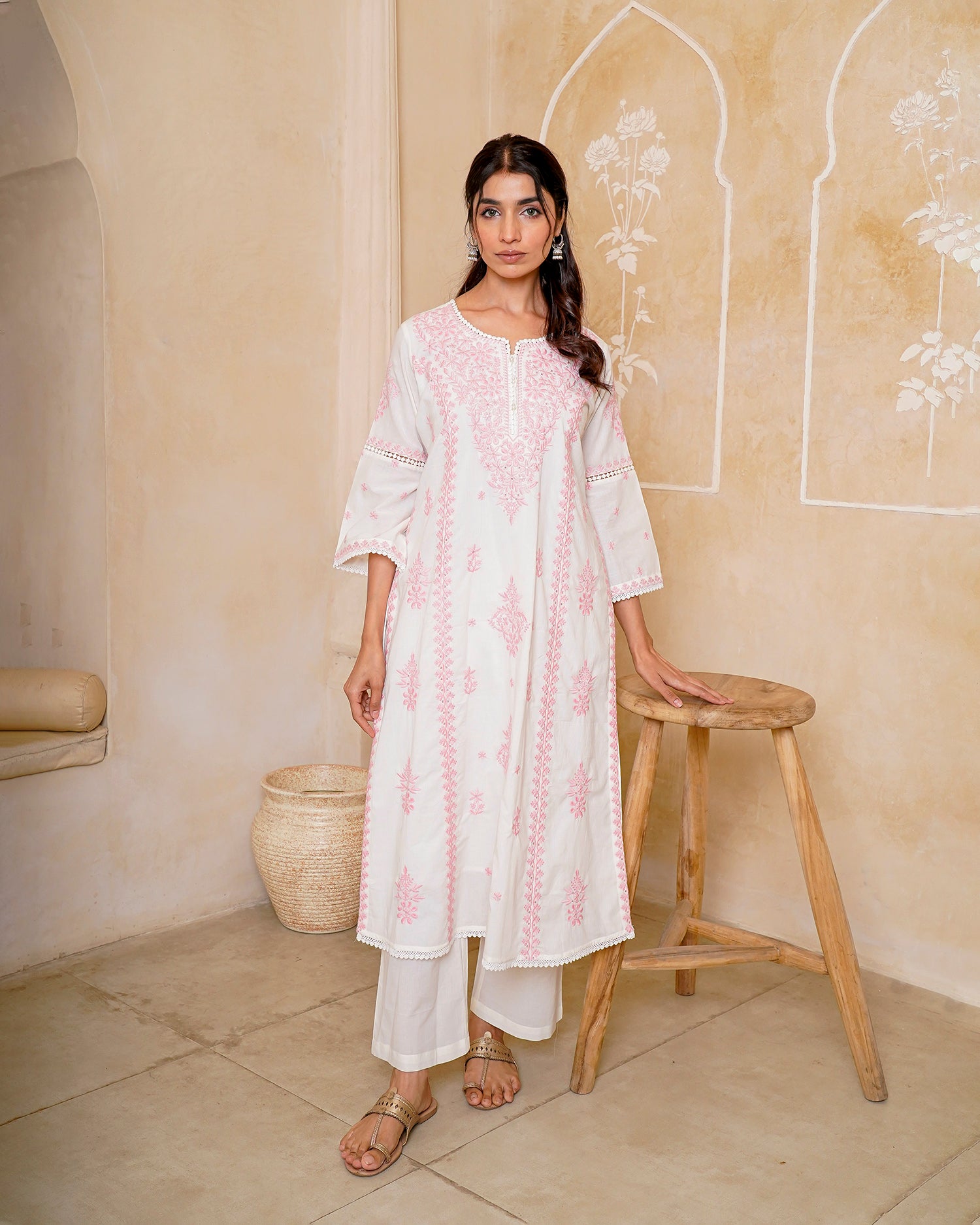 White &amp; Pink Chikankari Suit Set