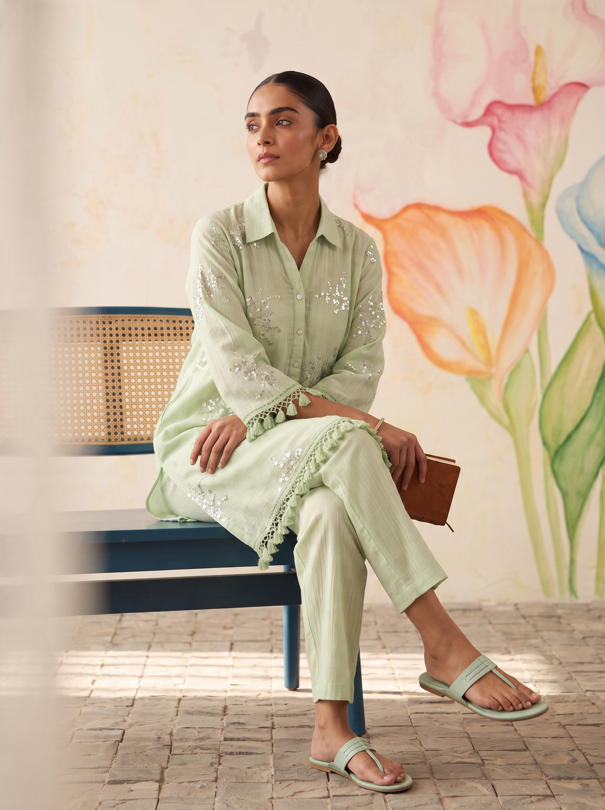 Mint Green Floral Embroidered Co-Ord Set