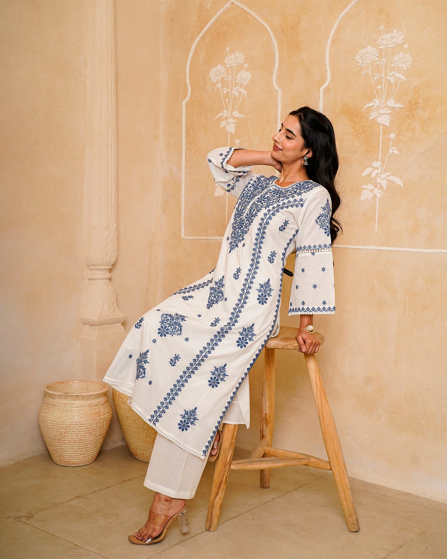 Blue &amp; White Chikankari Suit Set