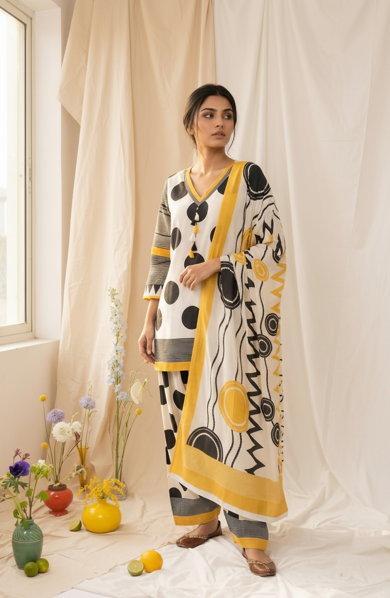 Yellow Polka farshi Suit Set