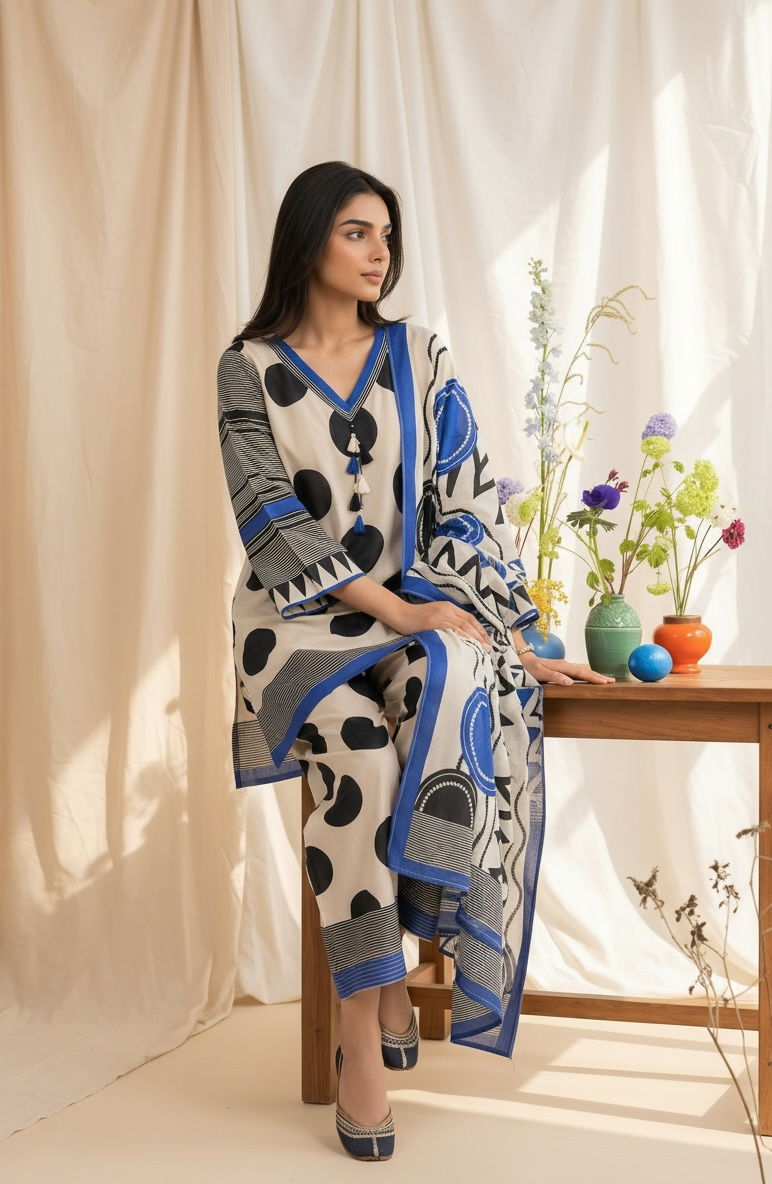 Blue Polka Farshi suit set