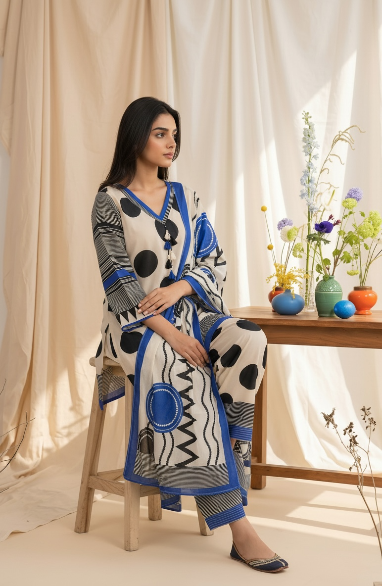 Blue Polka Farshi suit set