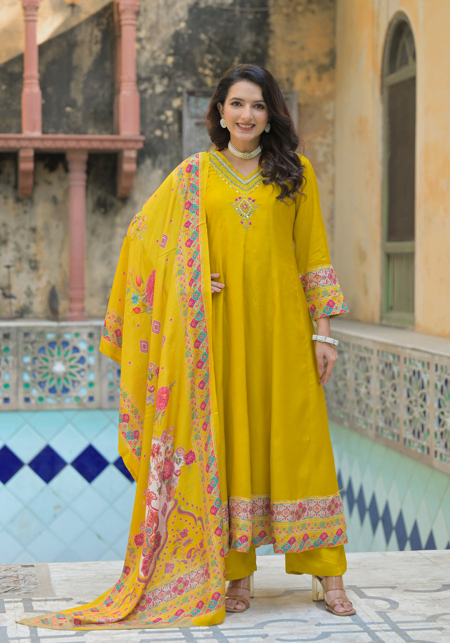 Mustard yellow anarkali suit set