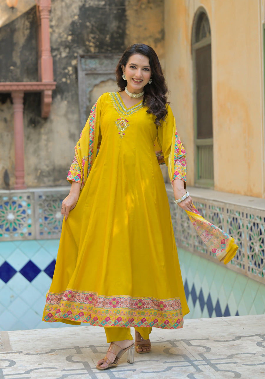Mustard yellow anarkali suit set