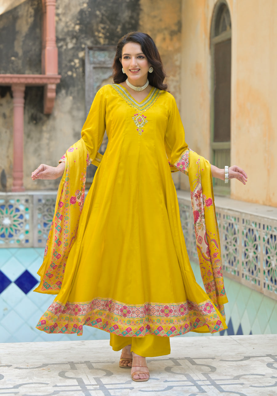 Mustard yellow anarkali suit set
