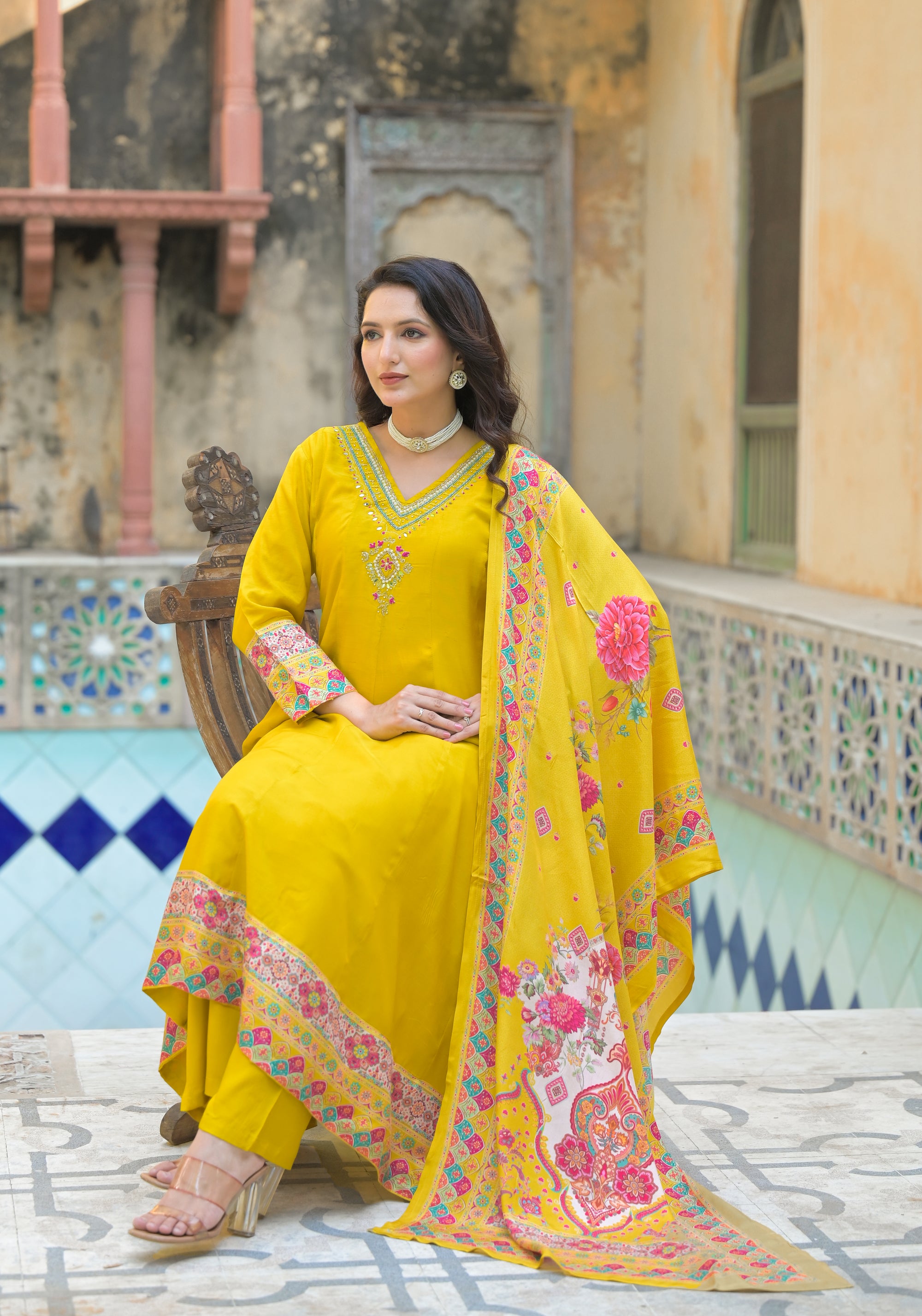 Mustard yellow anarkali suit set