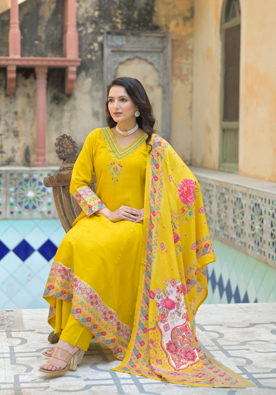 Mustard yellow anarkali suit set