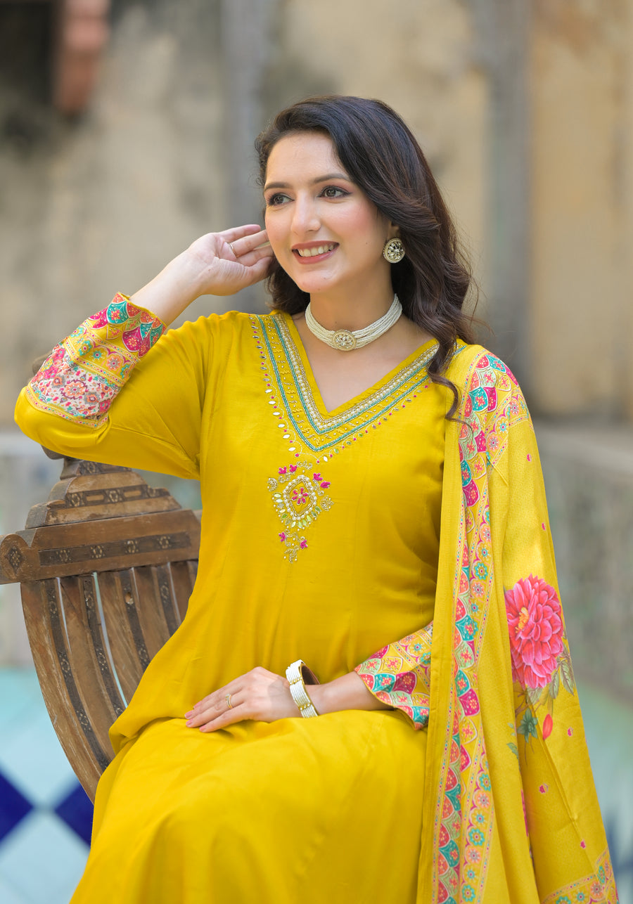 Mustard yellow anarkali suit set