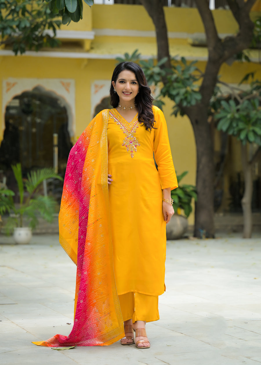 Tangy yellow organza suit set