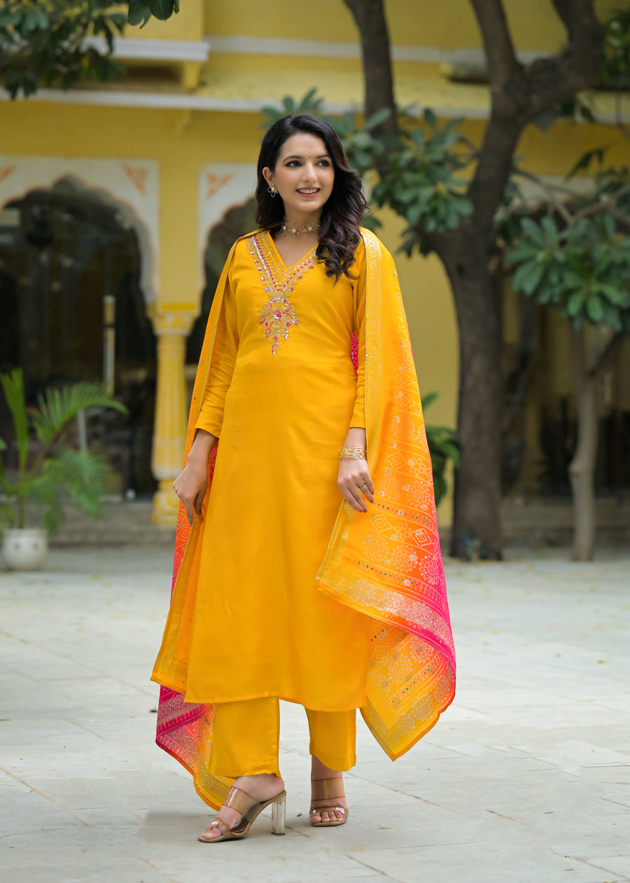 Tangy yellow organza suit set