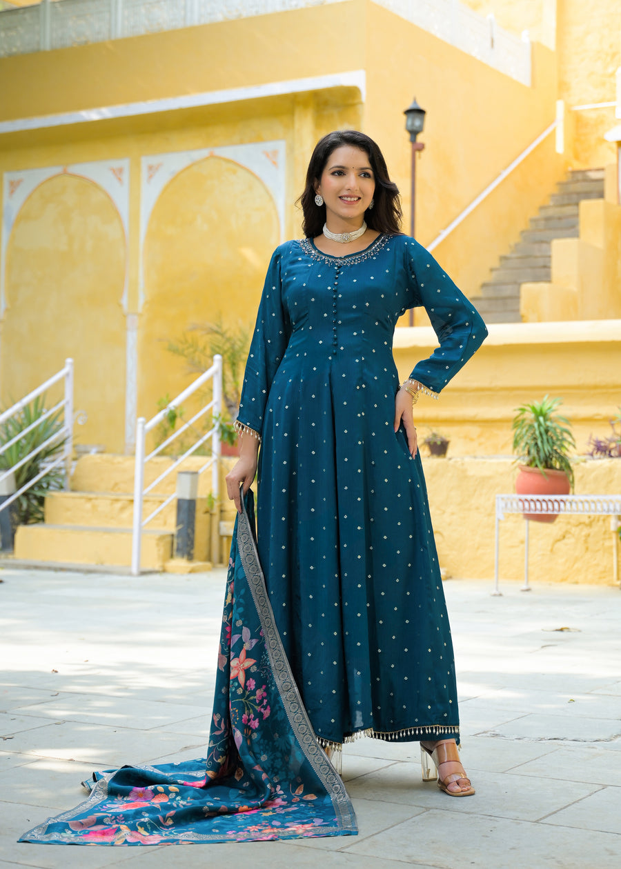 Blue golden anarkali suit set
