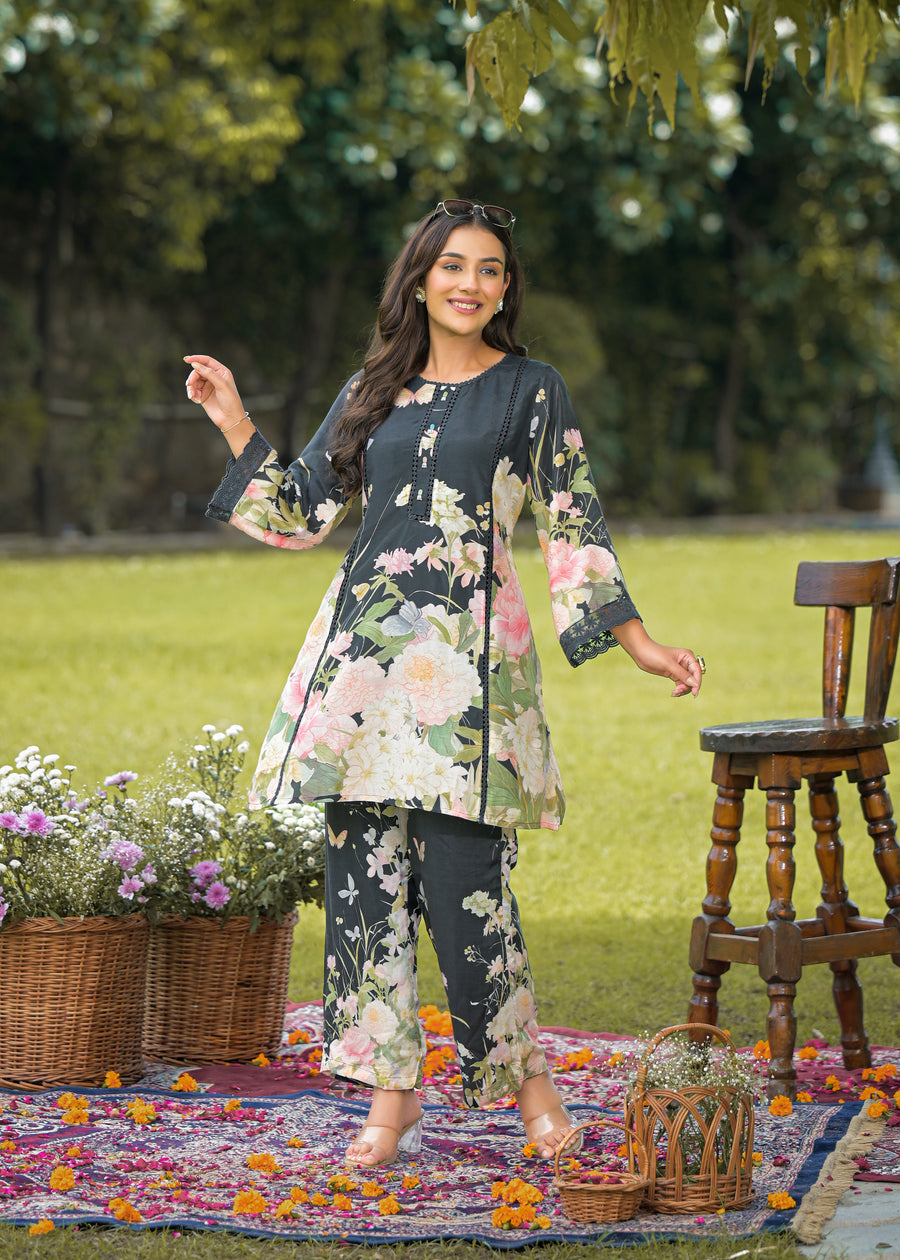 Black floral coord set