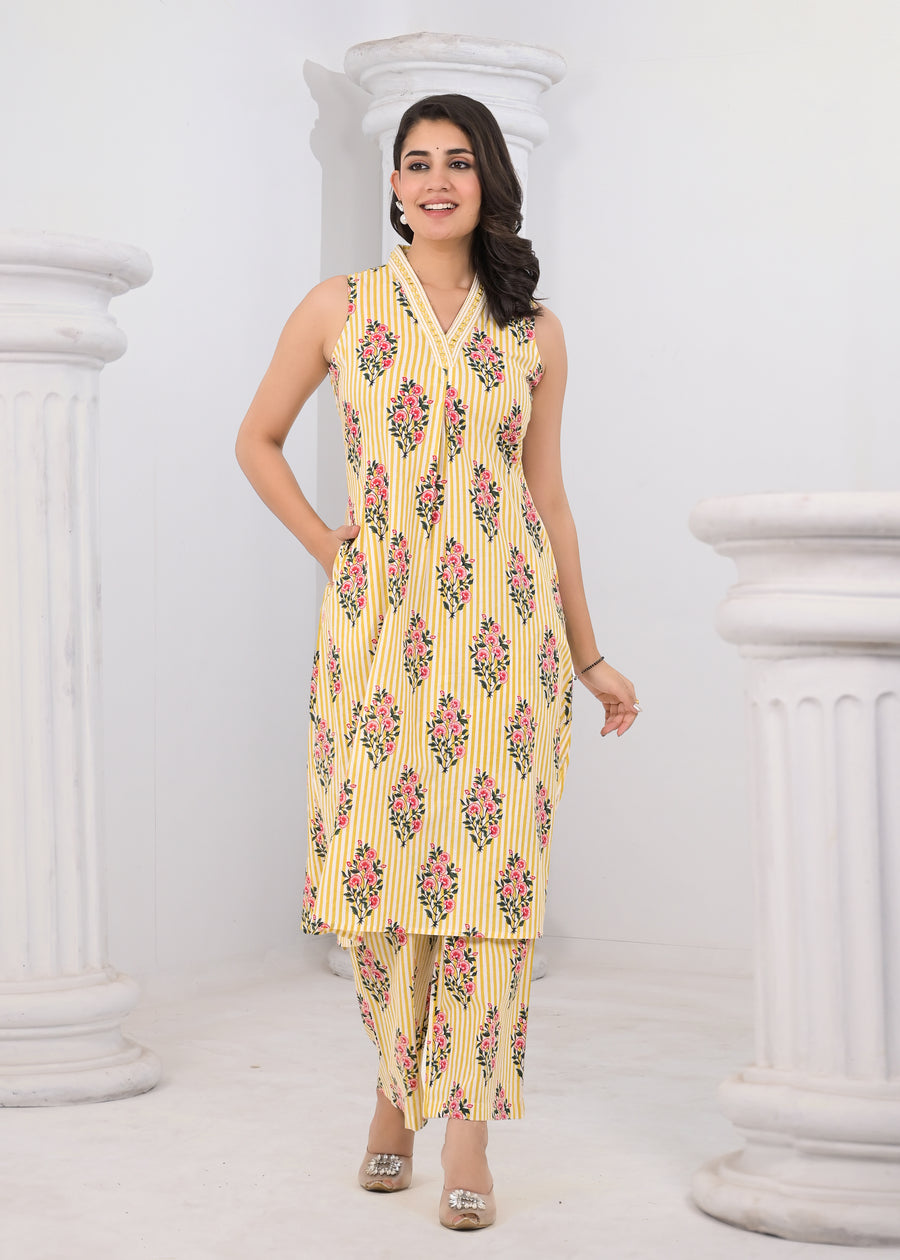 Yellow stripped floral coord set