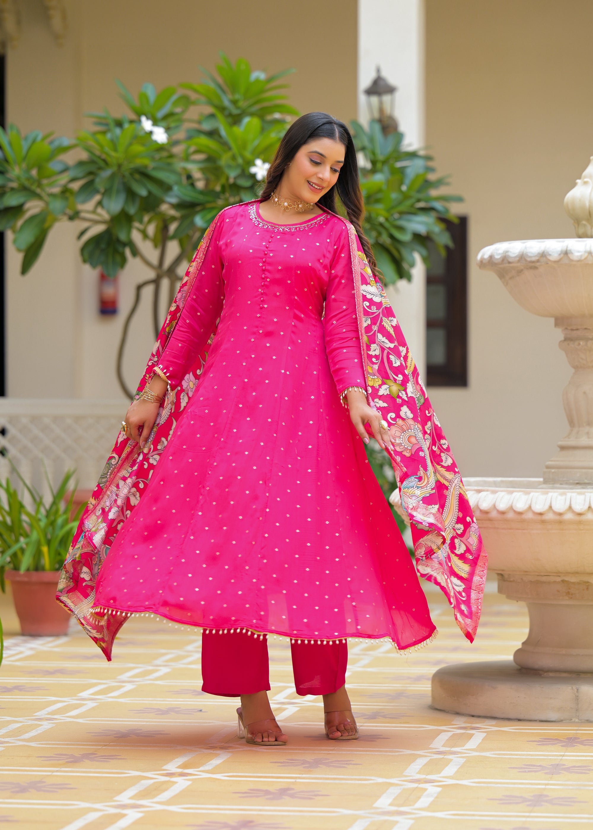 Pink golden anarkali suit set