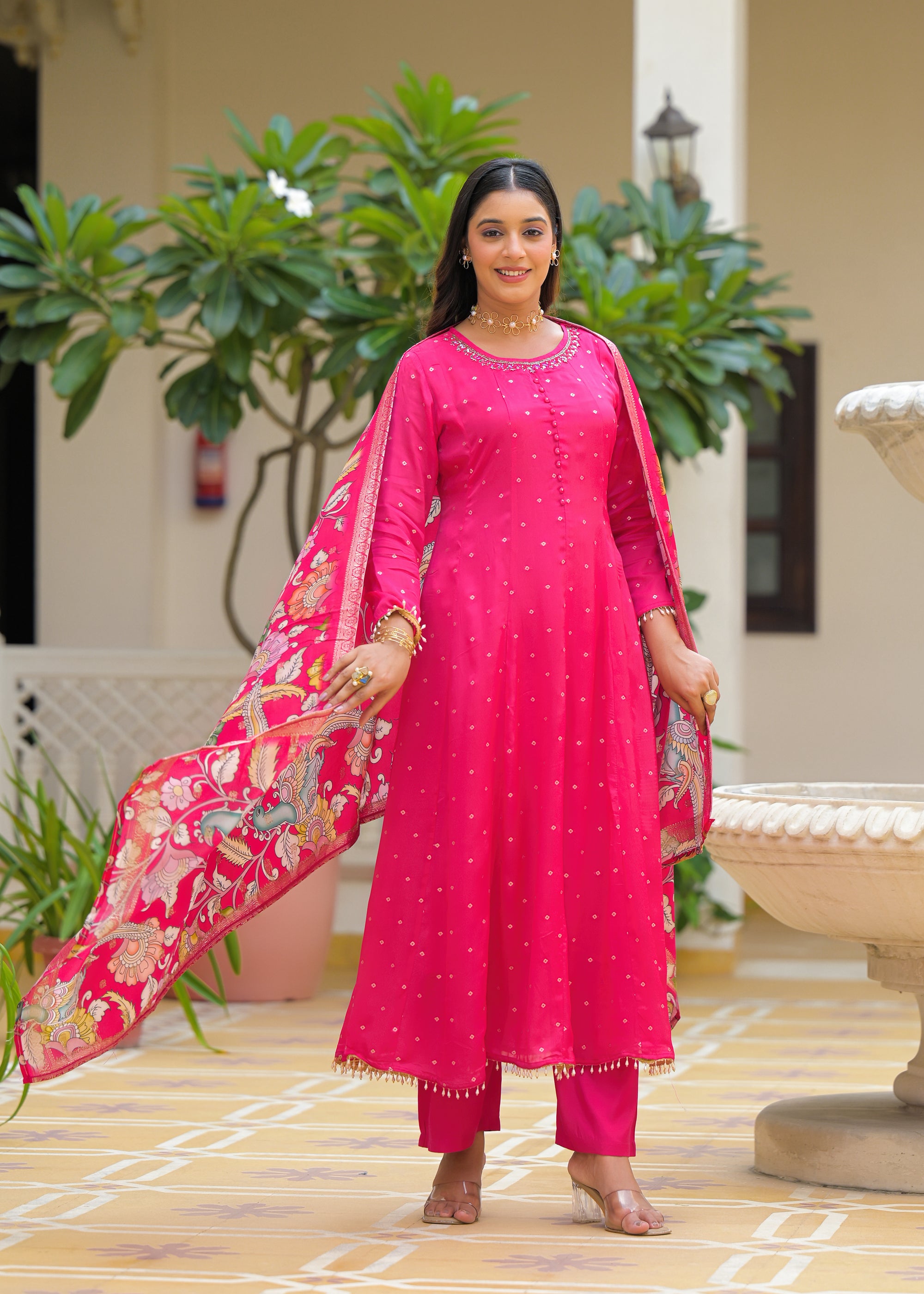 Pink golden anarkali suit set