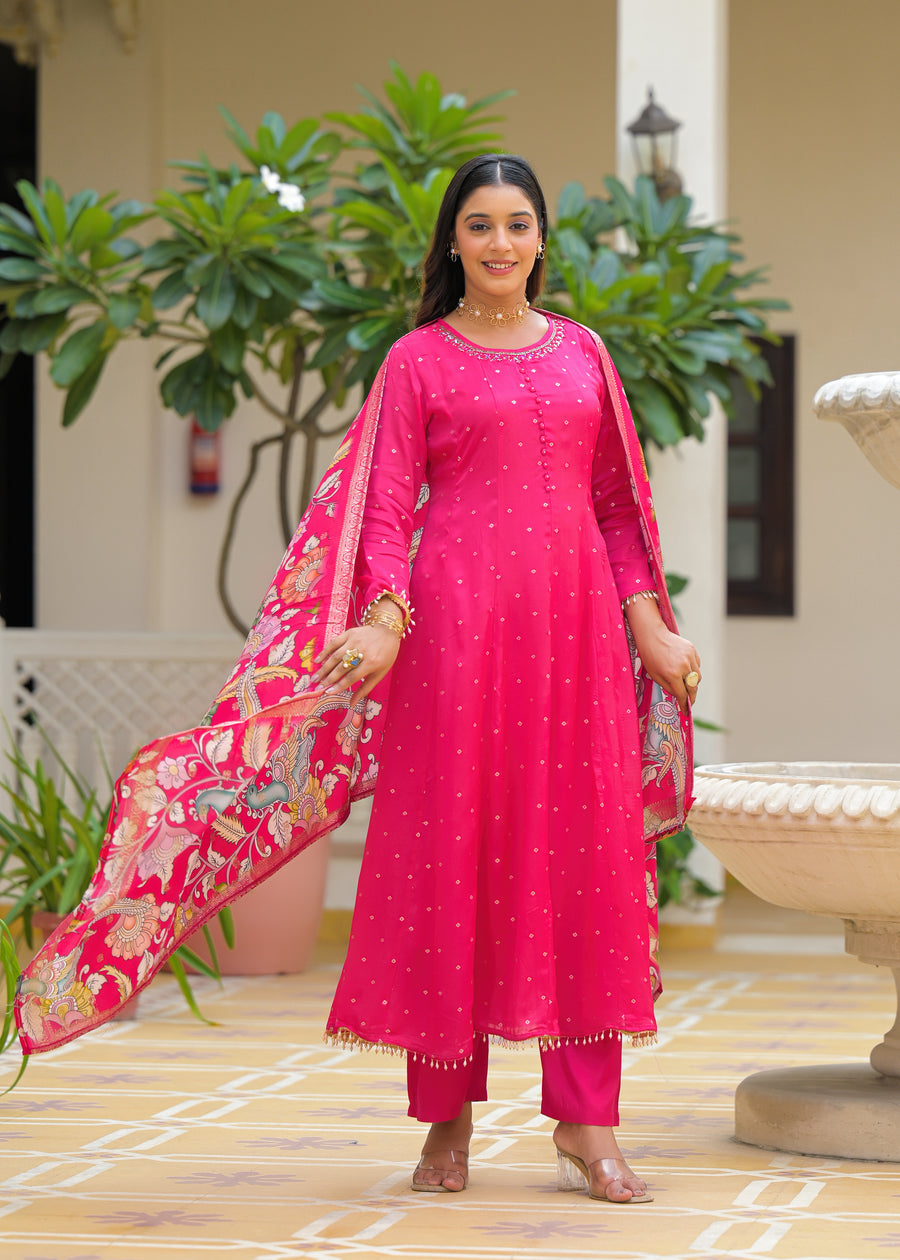 Pink golden anarkali suit set