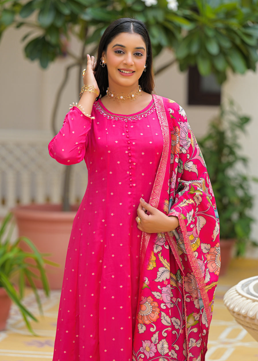 Pink golden anarkali suit set