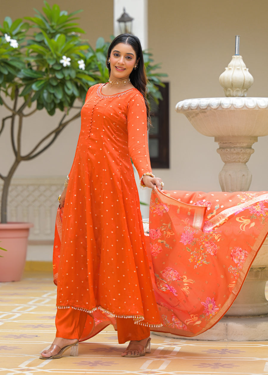 Rust golden anarkali suit set