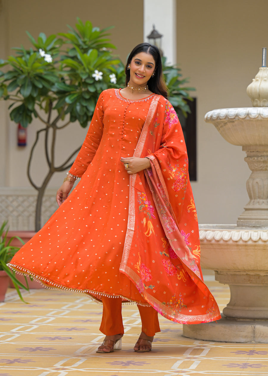 Rust golden anarkali suit set