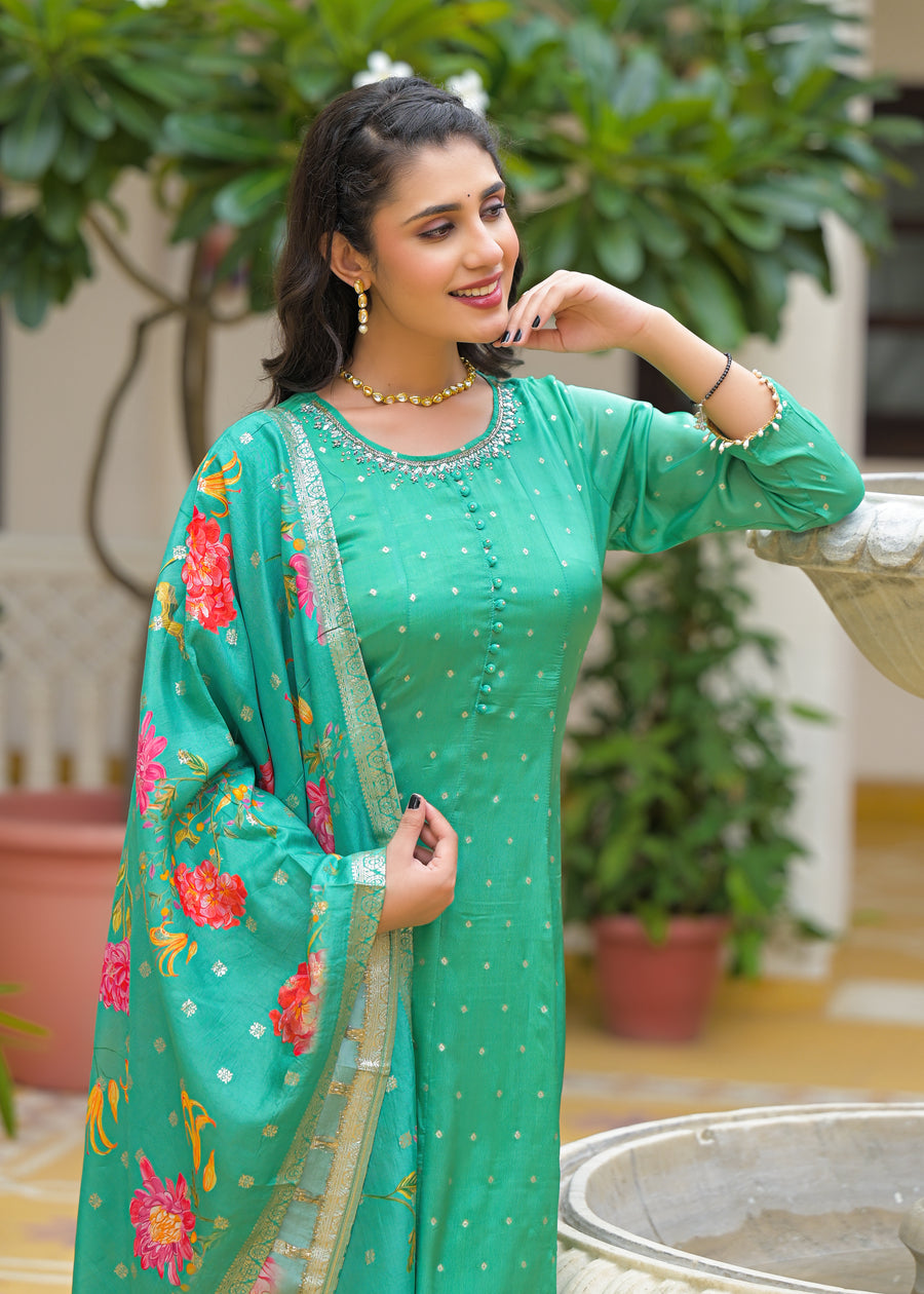Emerald green anarkali suit set