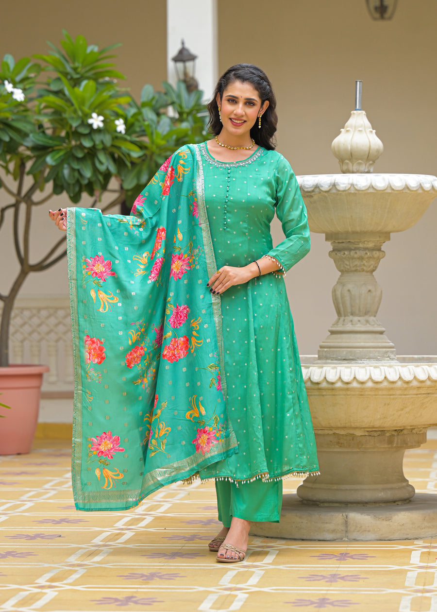 Emerald green anarkali suit set