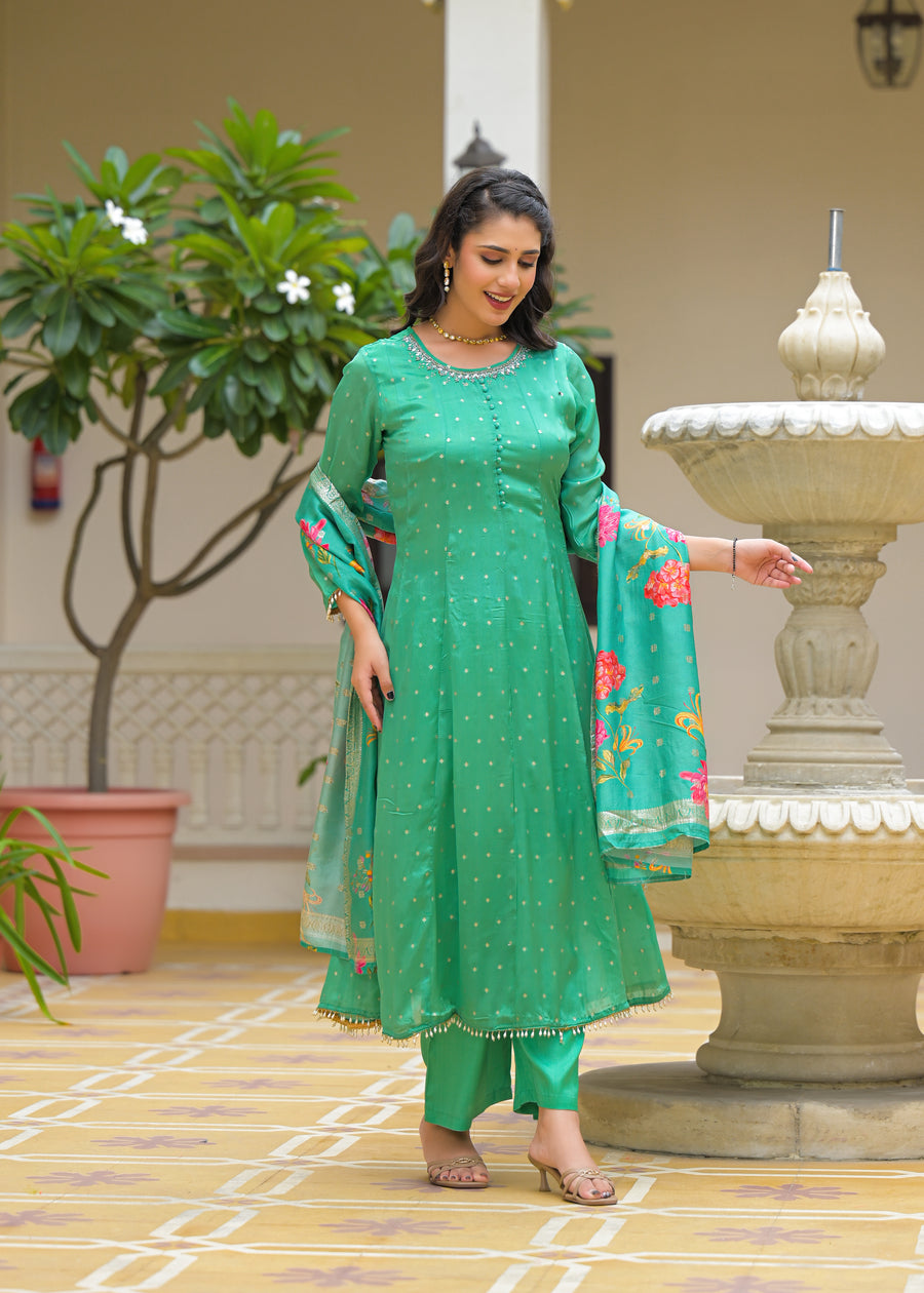 Emerald green anarkali suit set