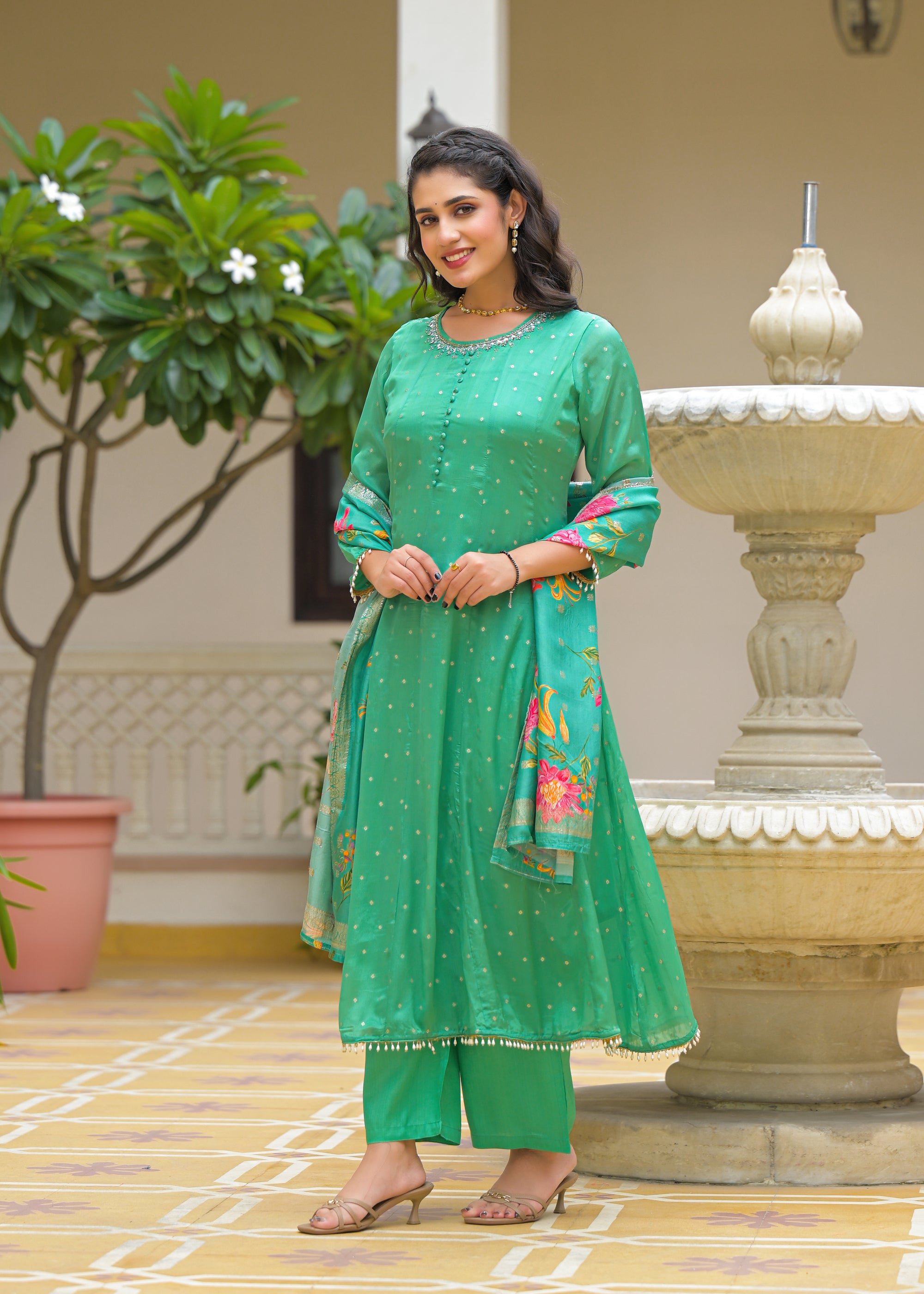 emerald green anarkali dress Emerald Green Mul Silk Hand Embroidered Anarkali Suit Set