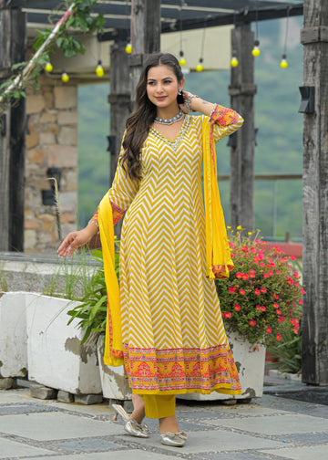 Mustard cabriole anarkali suit set