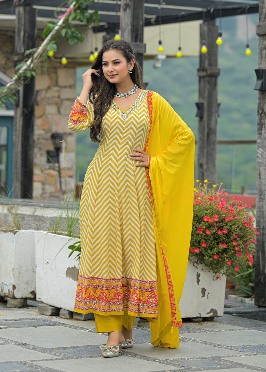 Mustard cabriole anarkali suit set