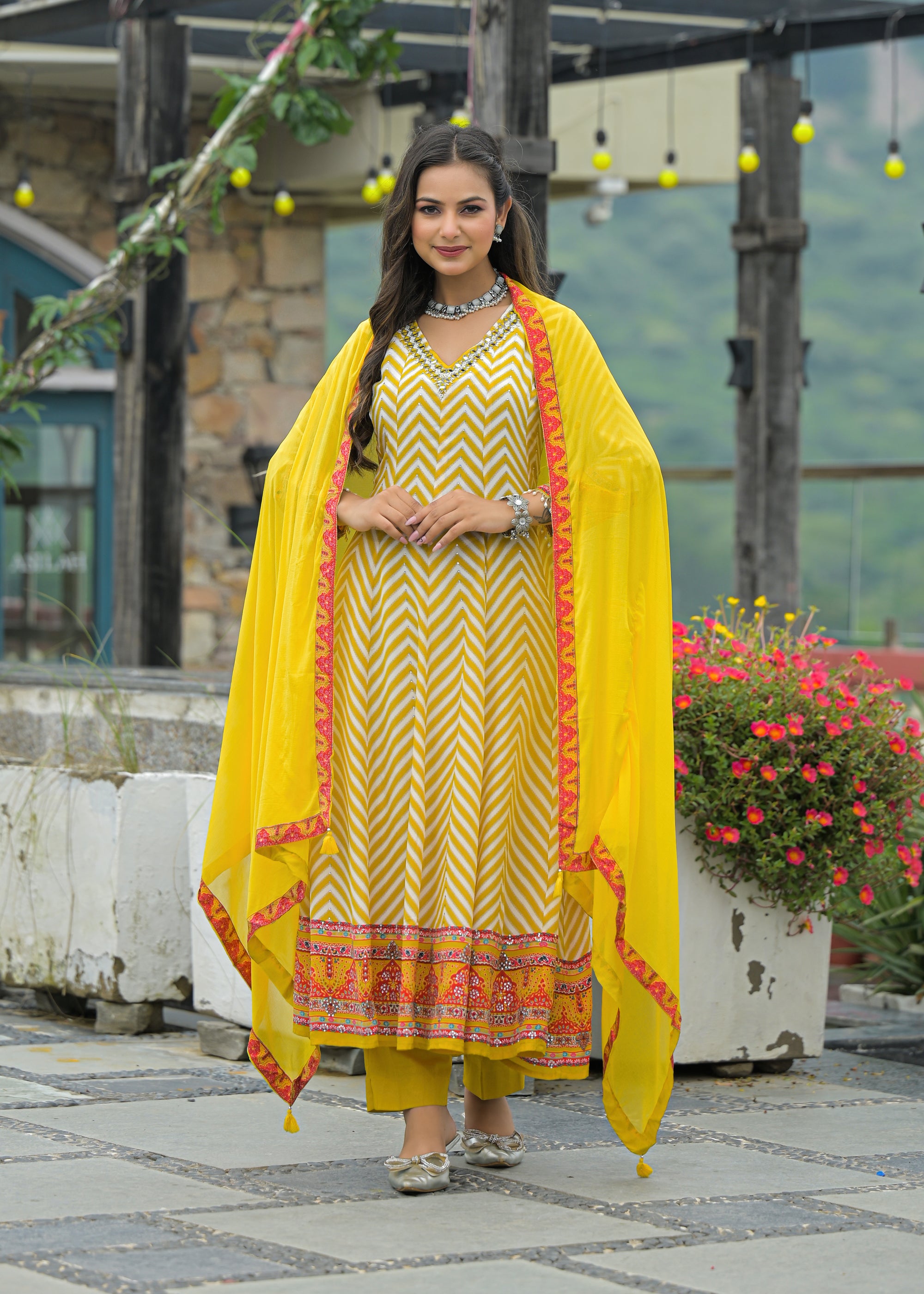 Mustard cabriole anarkali suit set