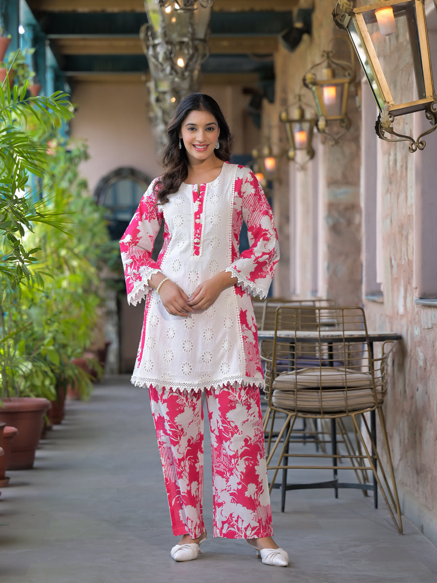 Pink shiffli floral co-ord set