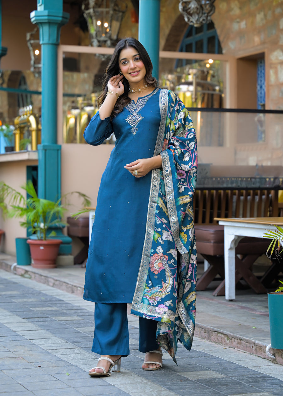 Navy blue kalamkaari suit set