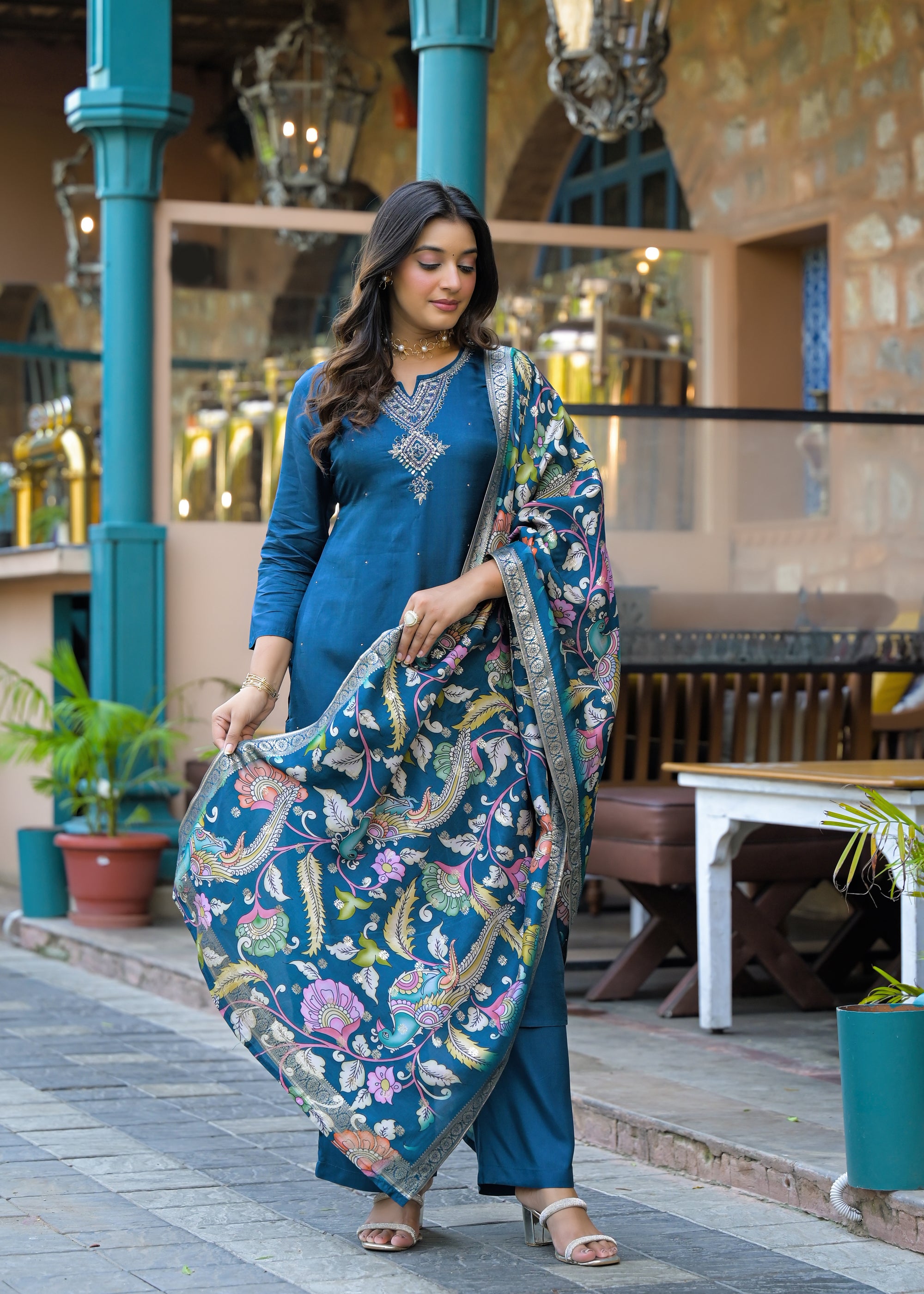 Navy blue kalamkaari suit set