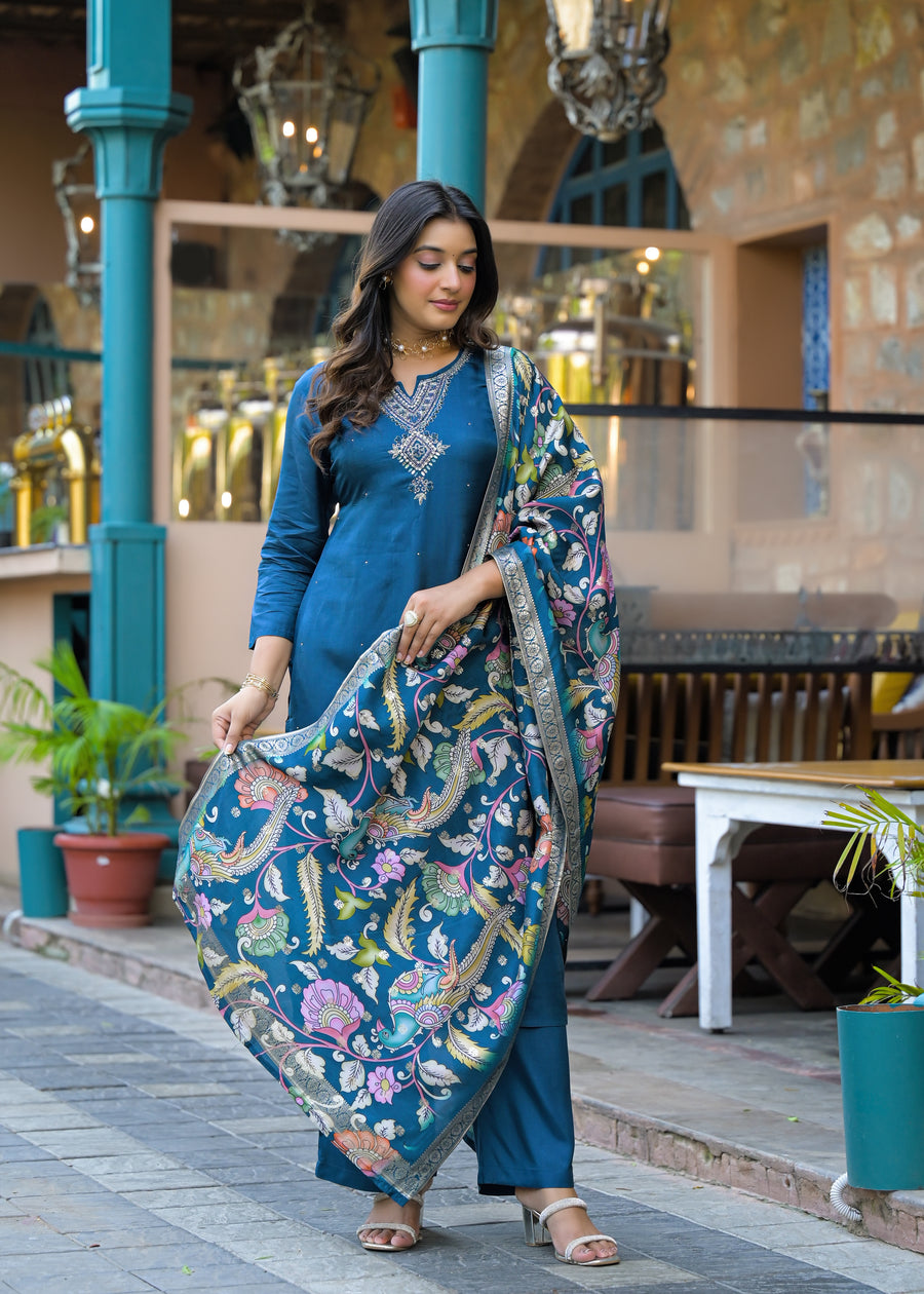 Navy blue kalamkaari suit set