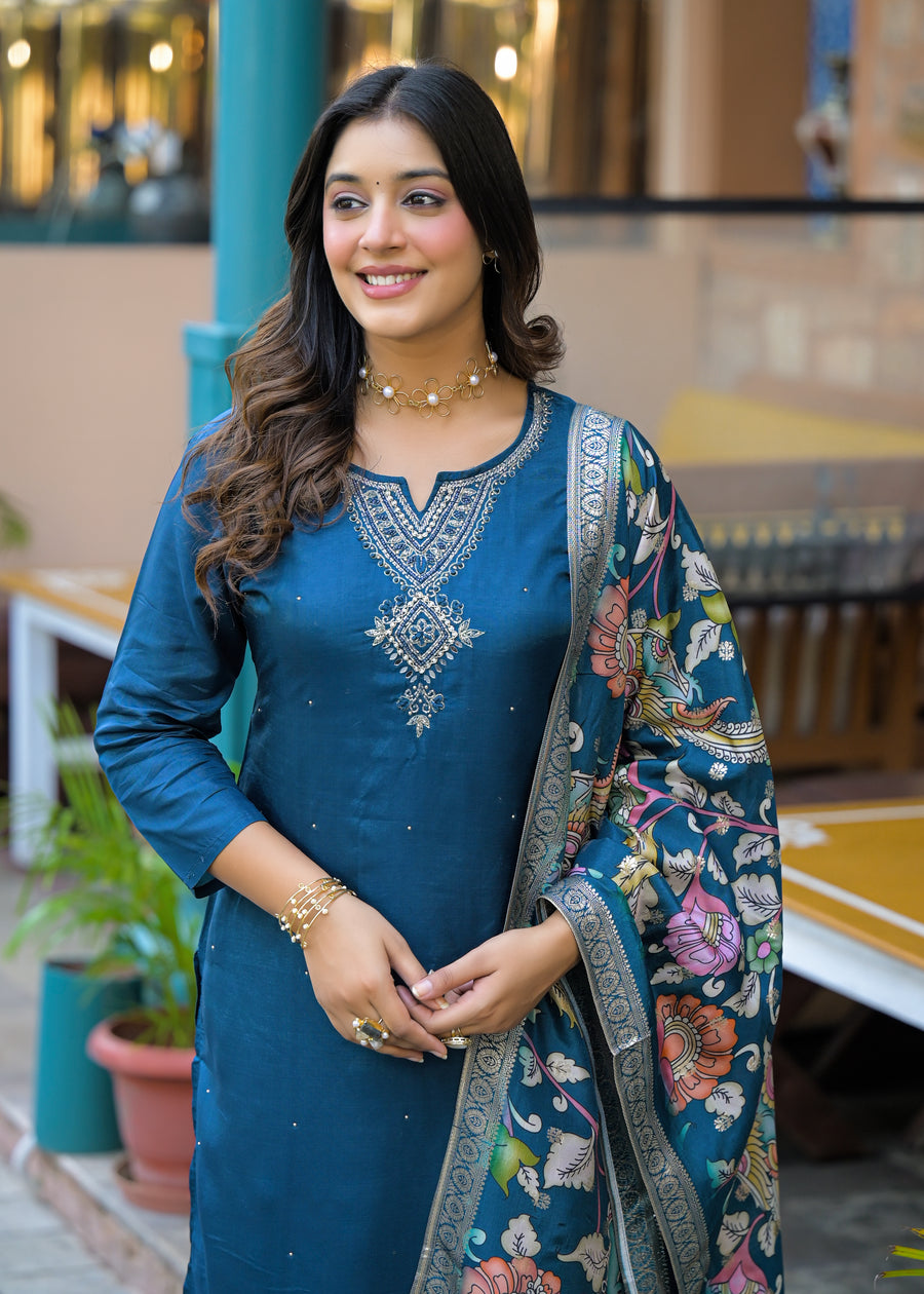 Navy blue kalamkaari suit set