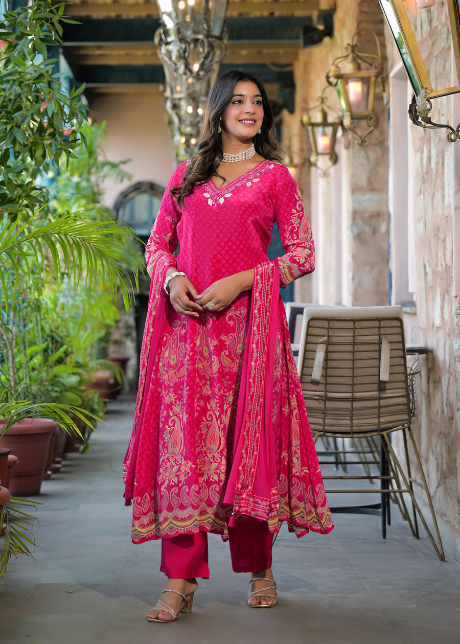 Pink floral anarkali suit set