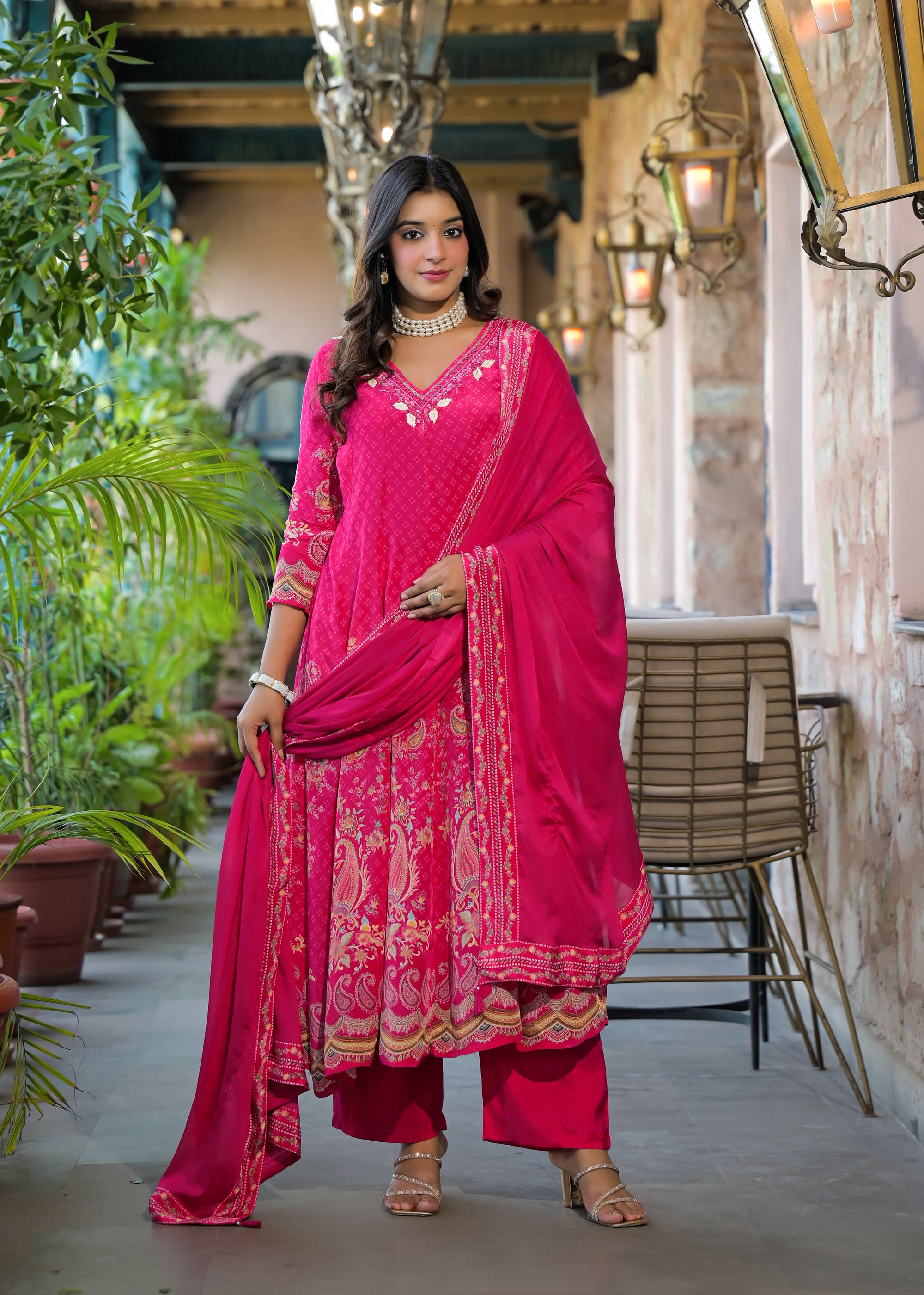 Pink floral anarkali suit set