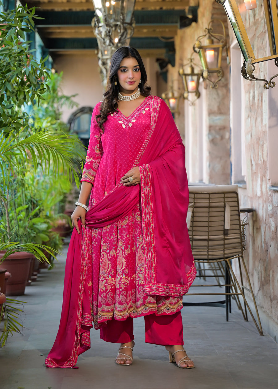 Pink floral anarkali suit set