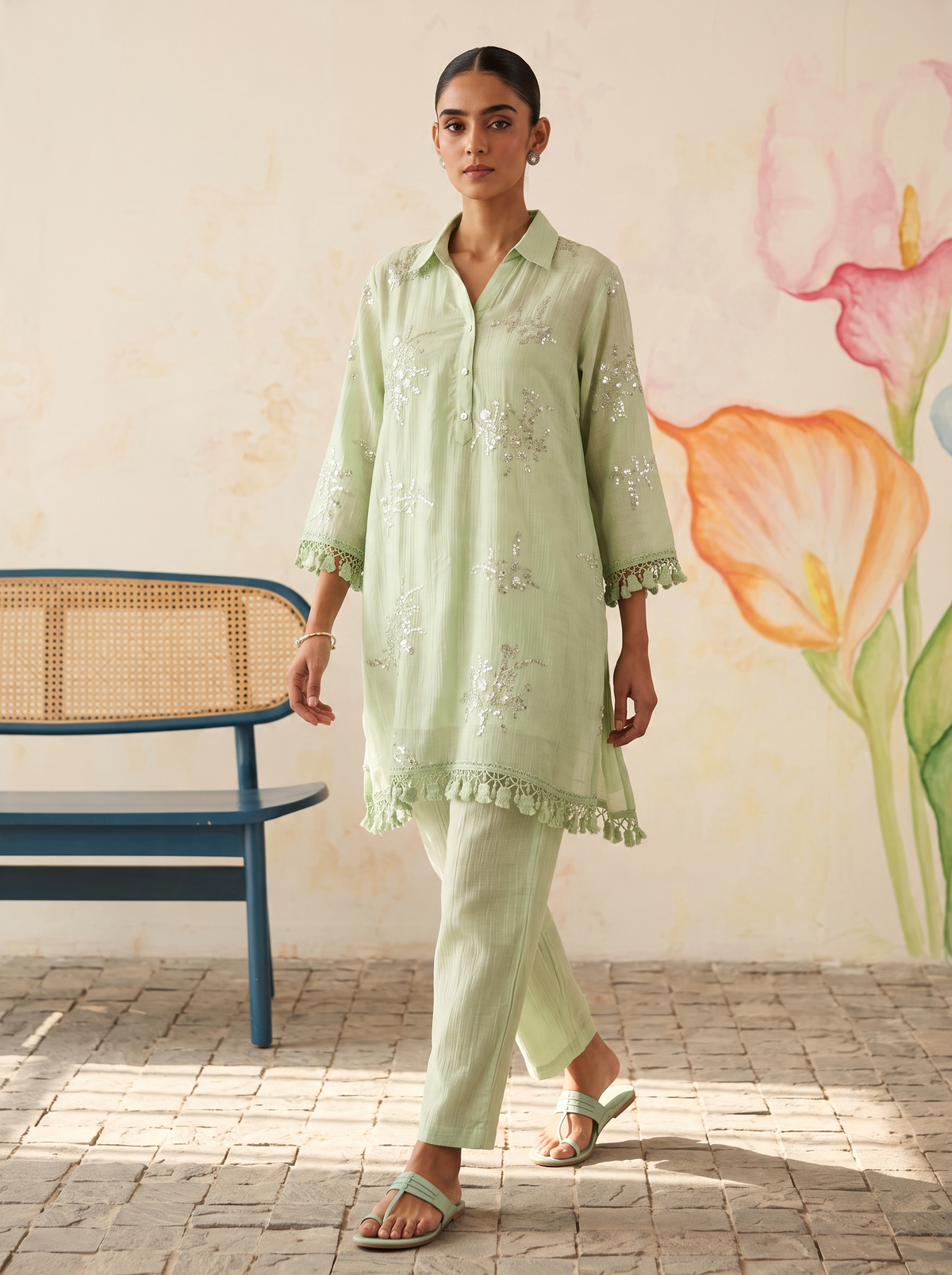 Mint Green Floral Embroidered Co-Ord Set