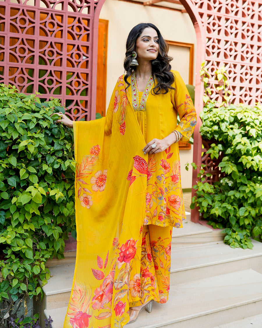 Yellow misty floral suit set