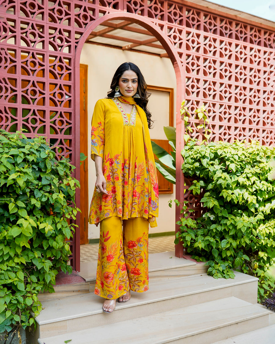 Yellow misty floral suit set