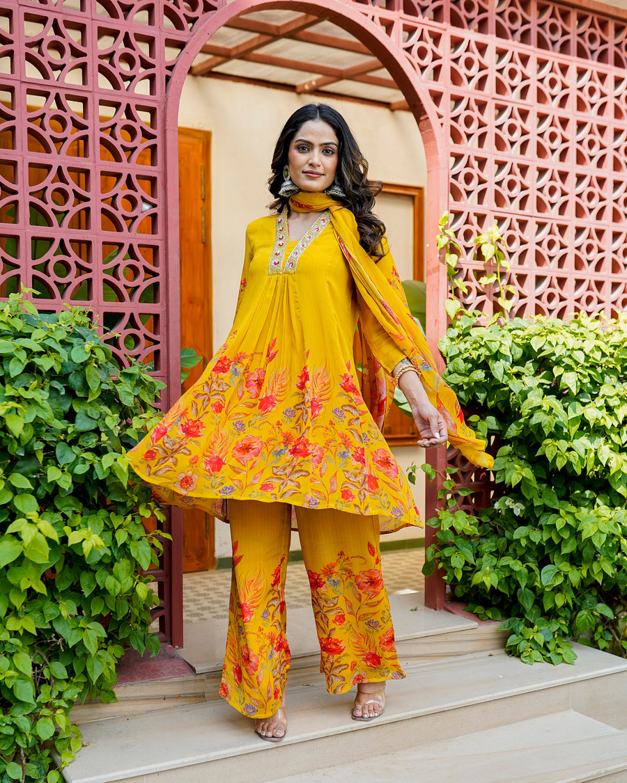 Yellow misty floral suit set